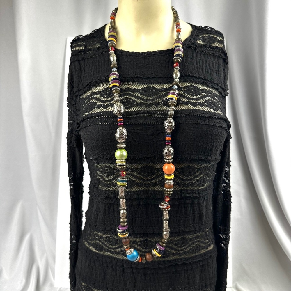 Chico's Vintage Long Beaded Statement Necklace Boho Tribal Silver Wood Mixed Med
